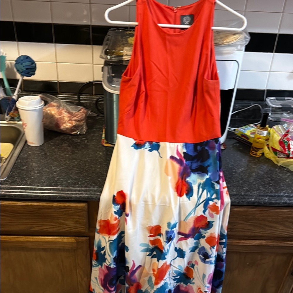 Vince Camuto Orange and White Halter Midi Dress